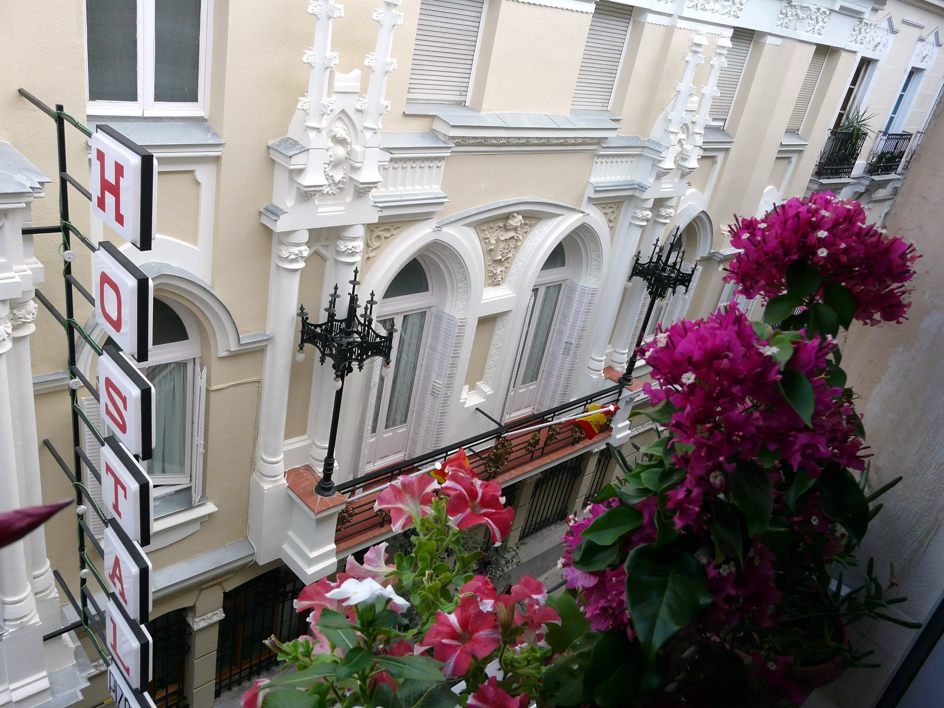 Charming courtyard with flowering plants and urban views